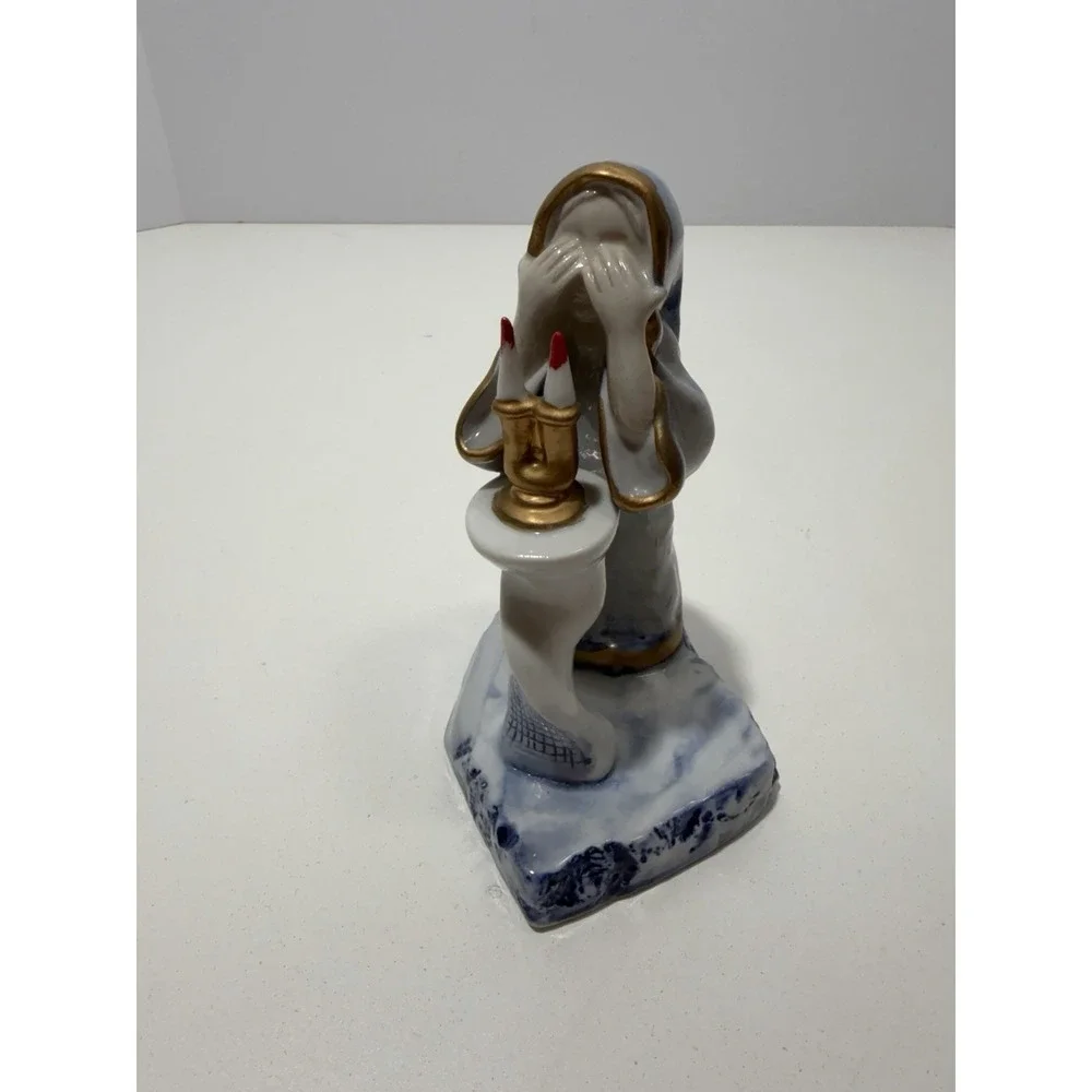 White & Blue Ceramic Sculpture A Woman is Blessing For Shabbat Candles 6.5